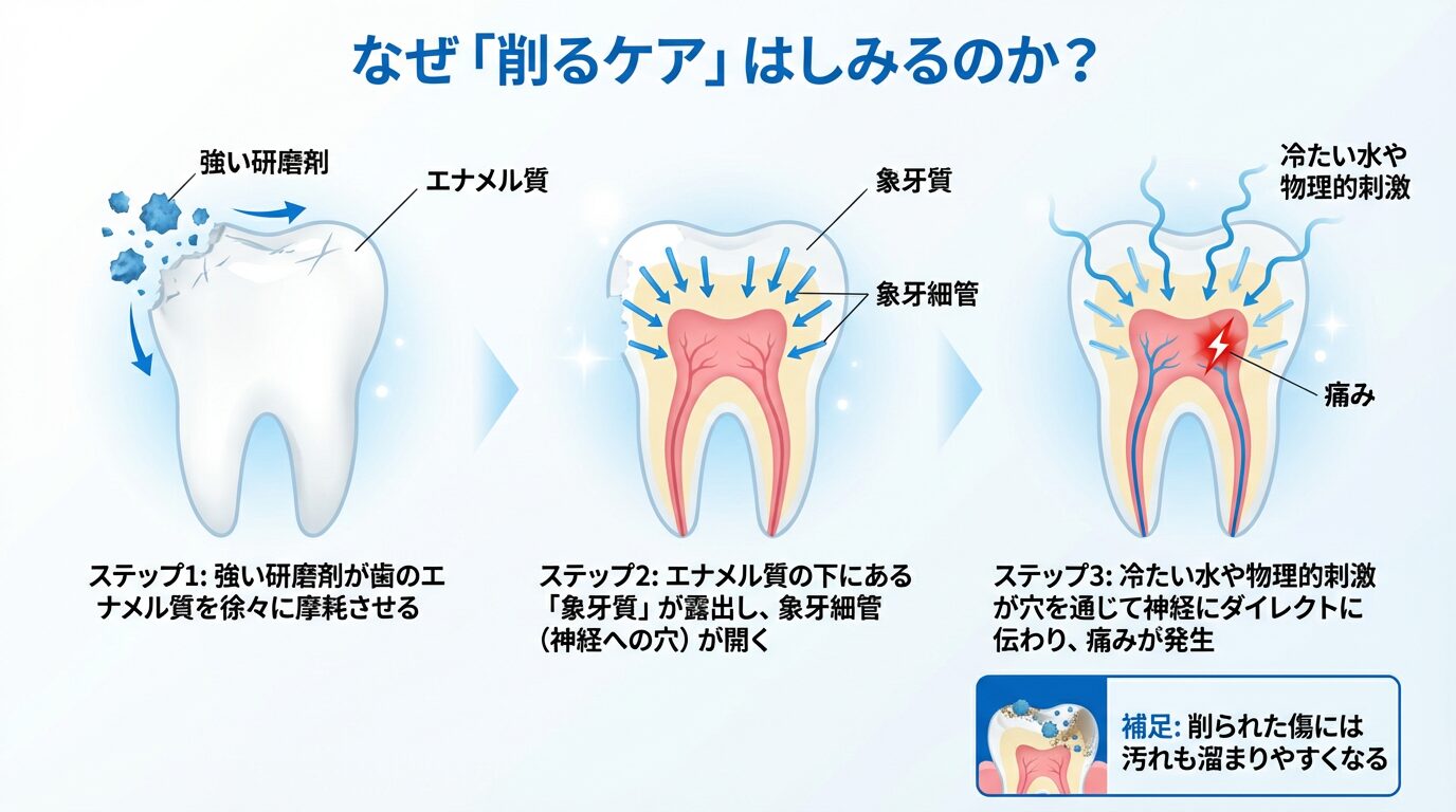 研磨剤によってエナメル質が削れ、象牙質を通じて神経に刺激が伝わるメカニズムの断面図