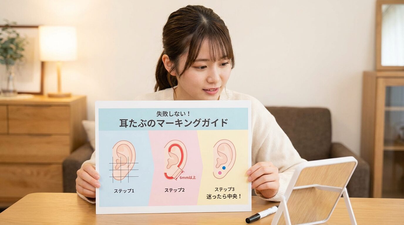 耳たぶの黄金比位置を示す図解。縁から6mmの安全距離を確保しつつ、中央付近にマーキングする重要性を説明している。