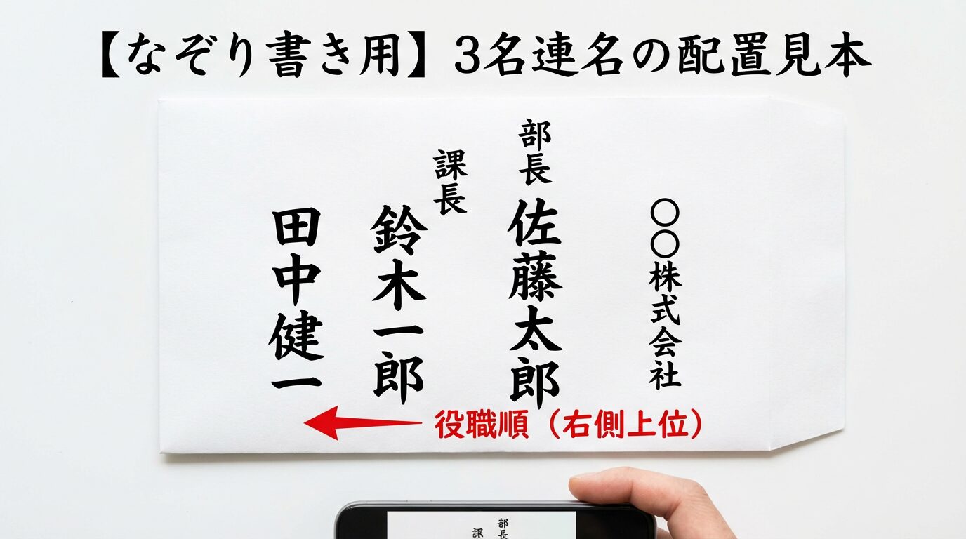 ビジネスシーンでの香典袋の書き方図解。右側上位の原則に基づき、会社名を右側に添え、役職順に右から左へ姓名を並べるレイアウト。