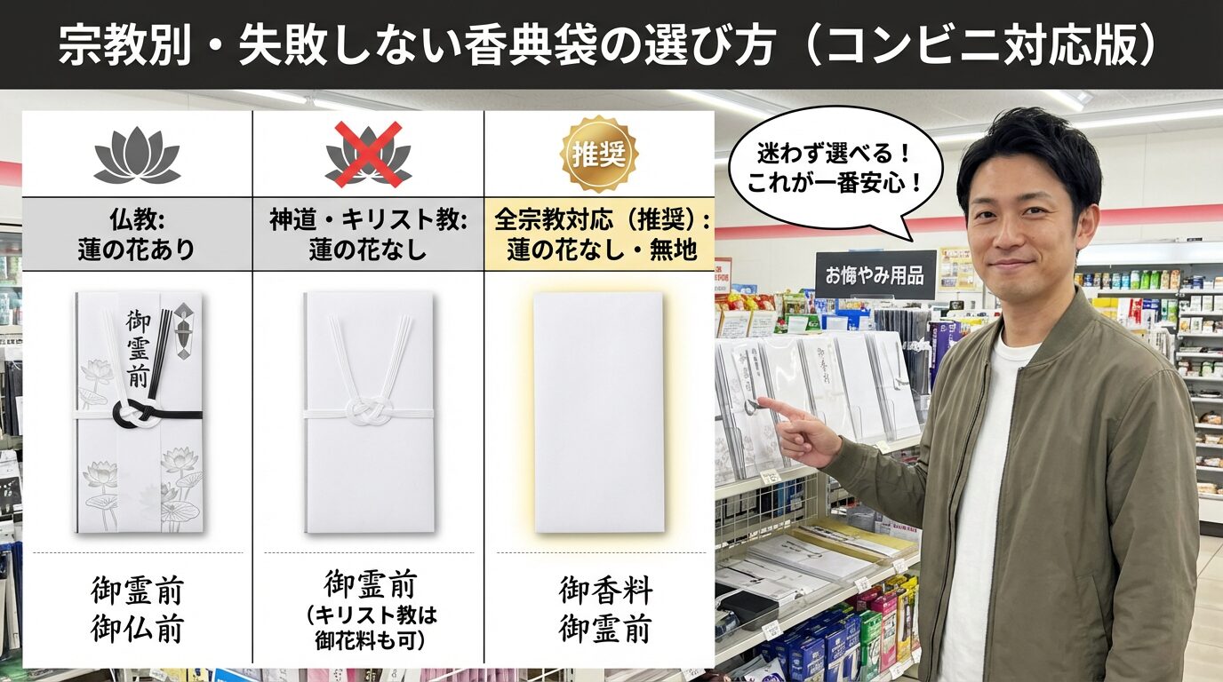 宗教ごとの香典袋の違いを比較したインフォグラフィック。仏教専用の蓮の花入りと、全宗教に対応可能な無地袋の使い分けを解説。